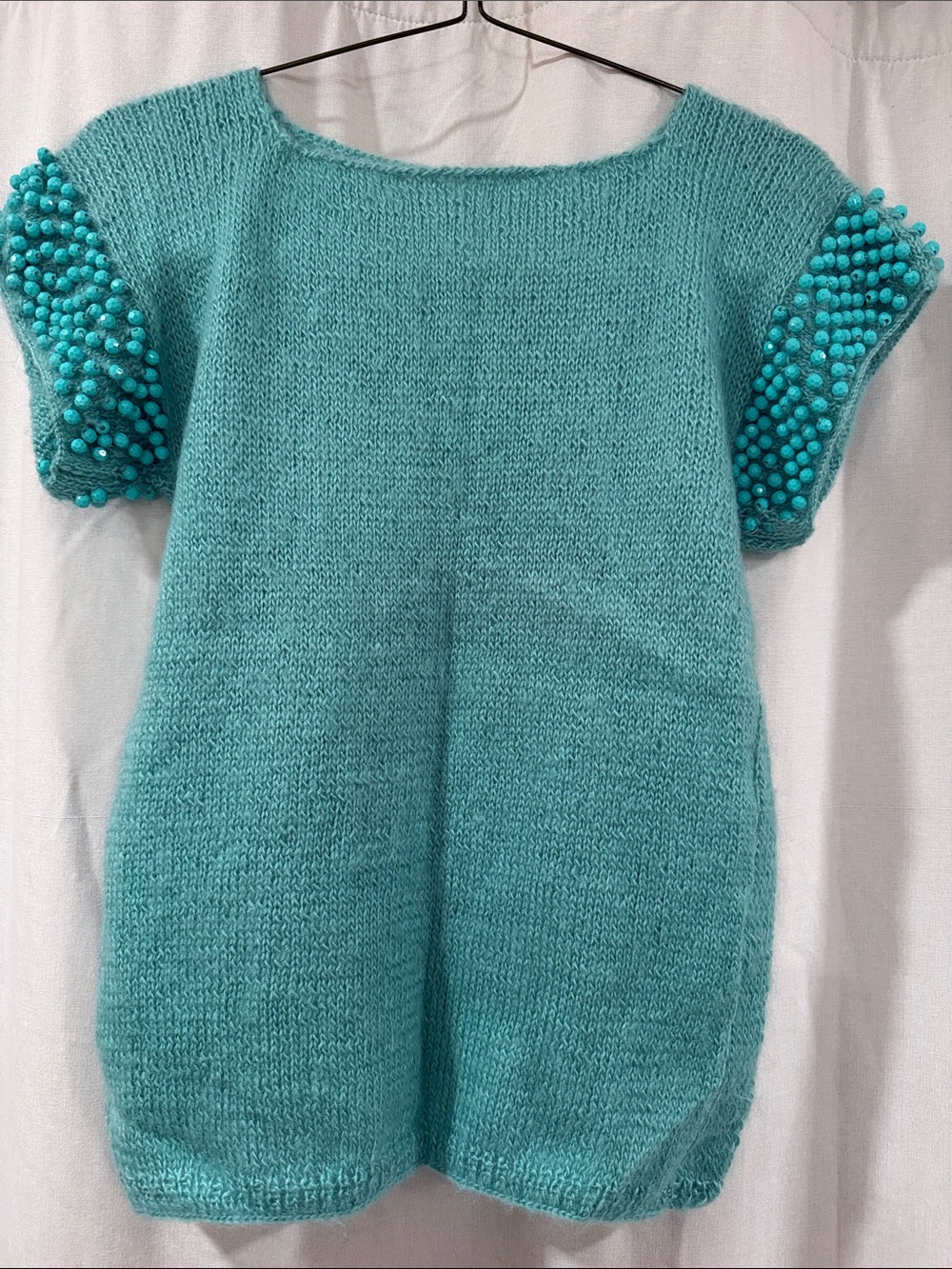 Turquoise Knit Dress with Beaded Sleeves